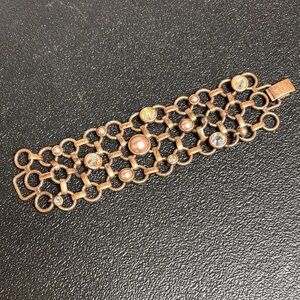 Lia Sophia Wide Cuff Bracelet Copper Link Crystal Pink Pearl Vintage